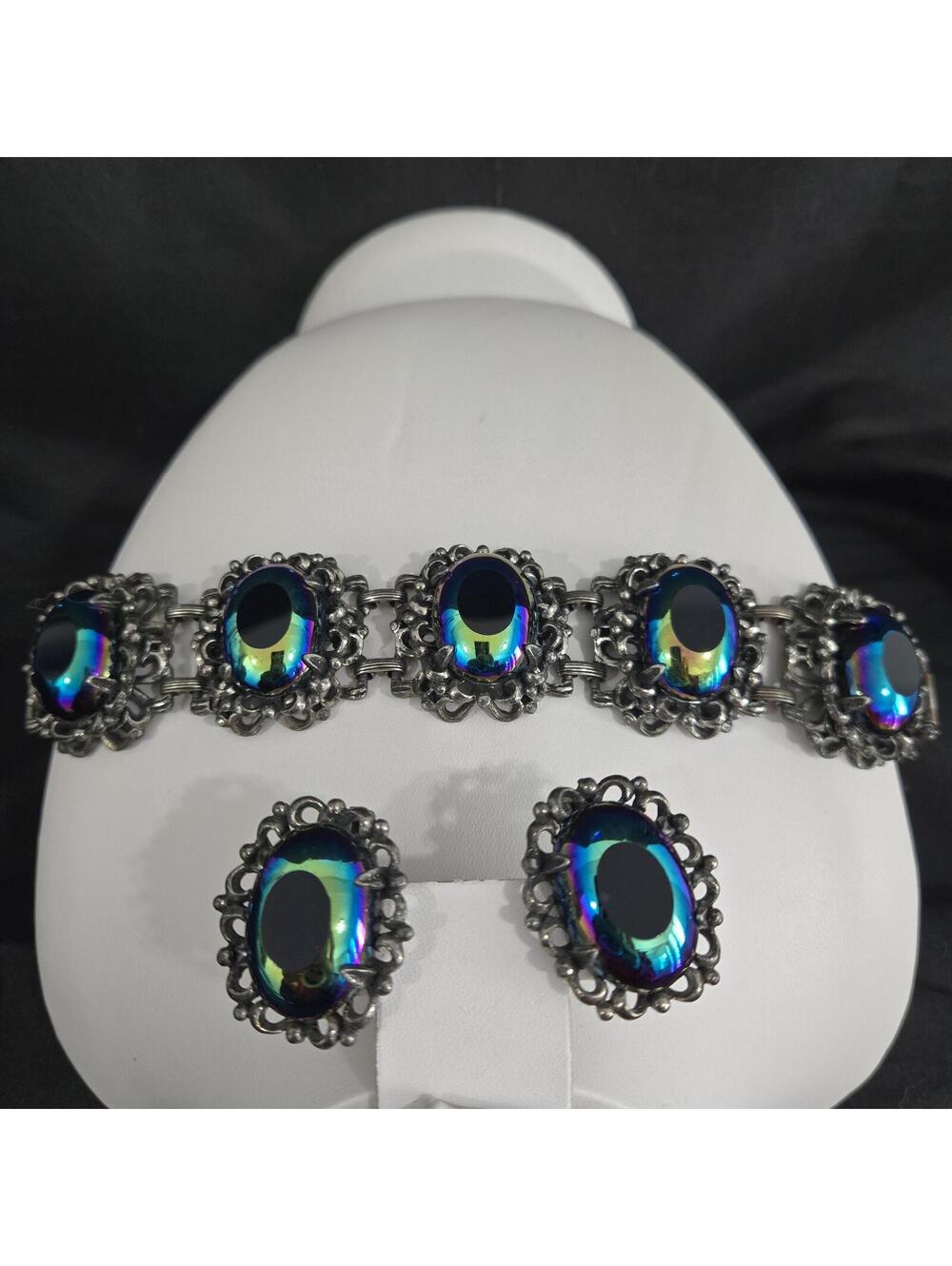 Vintage Iridescent Carnival Glass Bracelet Earring Set Antique Look Gothic